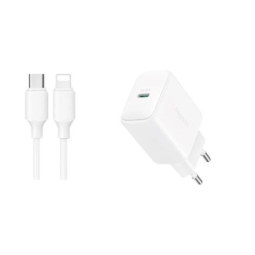 White charging cable and adapter on a white background